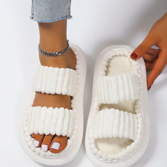 White Cozy Womens Minimalist Fuzzy Bedroom Slippers - Picture 2 of 5